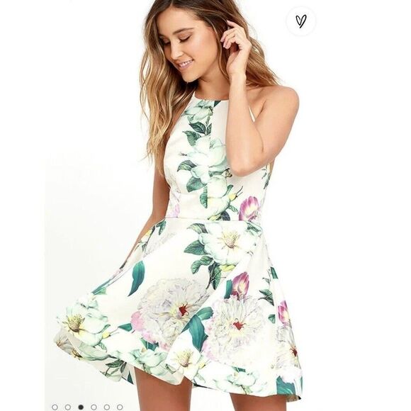 Lulus Hydrangea Haven Cream Floral Halter Tie Neck Skater Dress Mini Size XS - Picture 1 of 14
